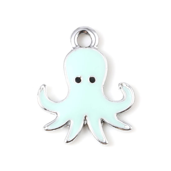Imagen de Zamak Joyería del océano Colgantes Charms Pulpo Tono de Plata Azul Claro Esmalte 19mm x 16mm, 10 Unidades