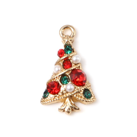 Picture of Zinc Based Alloy & Acrylic Charms Christmas Tree Gold Plated White Imitation Pearl Red & Green Rhinestone 21mm x 12mm, 5 PCs