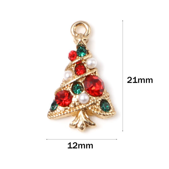 Picture of Zinc Based Alloy & Acrylic Charms Christmas Tree Gold Plated White Imitation Pearl Red & Green Rhinestone 21mm x 12mm, 5 PCs