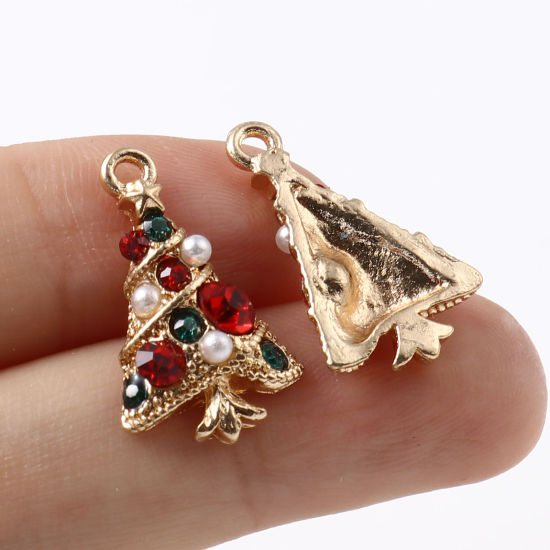 Picture of Zinc Based Alloy & Acrylic Charms Christmas Tree Gold Plated White Imitation Pearl Red & Green Rhinestone 21mm x 12mm, 5 PCs