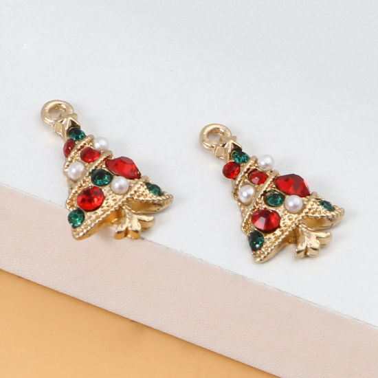 Picture of Zinc Based Alloy & Acrylic Charms Christmas Tree Gold Plated White Imitation Pearl Red & Green Rhinestone 21mm x 12mm, 5 PCs