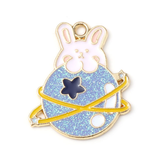 Immagine di Lega di Zinco Galassia Charms Pianeta Oro Placcato Bianco & Blu Coniglio Smalto 27mm x 23mm , 5 Pz