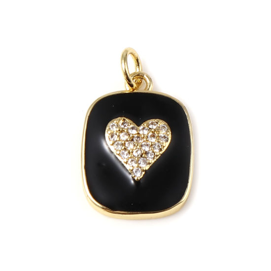 Immagine di Ottone Charms Oro Placcato Nero Rettangolo Cuore Smalto Trasparente Strass 21mm x 13mm, 1 Pz