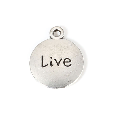 Bild von Zinklegierung Positive Zitate Energie Charms Rund Antiksilber Message " Live " 17mm x 14mm, 50 Stück