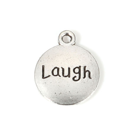 Bild von Zinklegierung Positive Zitate Energie Charms Rund Antiksilber Message " Laugh " 17mm x 14mm, 50 Stück