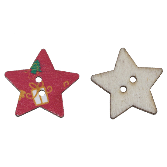 Imagen de Costura Botón Dos Agujeros Madera de Estrellas de cinco puntos ,Multicolor ,Caja de regalo de Navidad 25mm x 25mm, 50 Unidades