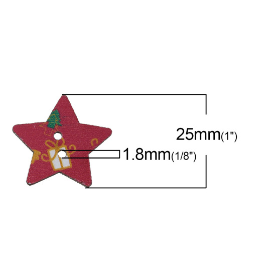 Imagen de Costura Botón Dos Agujeros Madera de Estrellas de cinco puntos ,Multicolor ,Caja de regalo de Navidad 25mm x 25mm, 50 Unidades