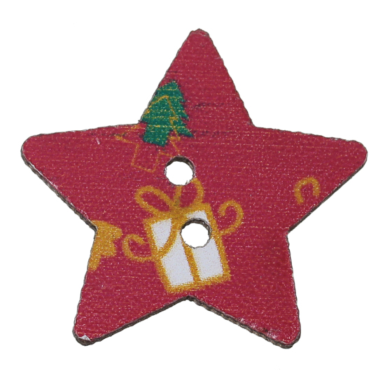 Imagen de Costura Botón Dos Agujeros Madera de Estrellas de cinco puntos ,Multicolor ,Caja de regalo de Navidad 25mm x 25mm, 50 Unidades