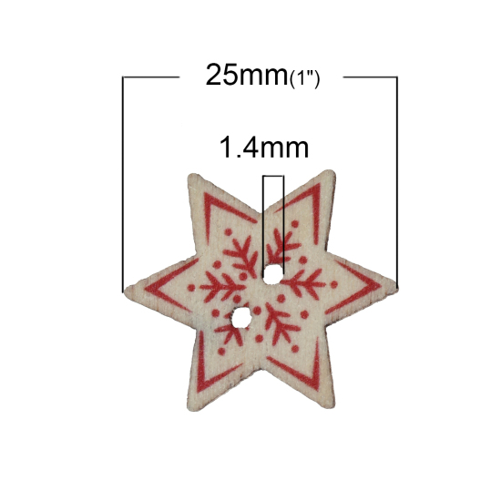 Picture of Natural Wood Sewing Buttons Scrapbooking 2 Holes Hexagonal Red Christmas Snowflake Pattern 25mm(1") x 22mm( 7/8"), 50 PCs