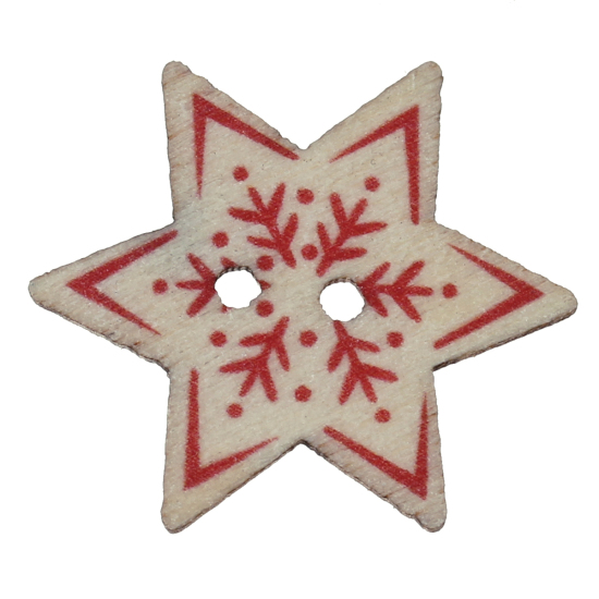 Picture of Natural Wood Sewing Buttons Scrapbooking 2 Holes Hexagonal Red Christmas Snowflake Pattern 25mm(1") x 22mm( 7/8"), 50 PCs