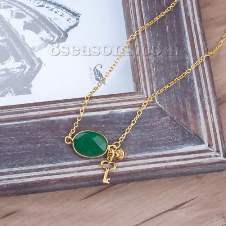 Image de Nouvelle Tendance Bijoux à la Main Colliers en Mixte Vert Foncé Doré Strass Avec Cabochon de Gemme Synthétique 50.5cm Long, 1 Pièce