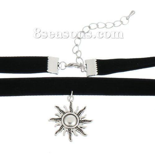 Picture of New Fashion Black Velveteen Handmade Choker Necklace Antique Silver Color Sun Pendant 35cm(13 6/8") long, 1 Piece