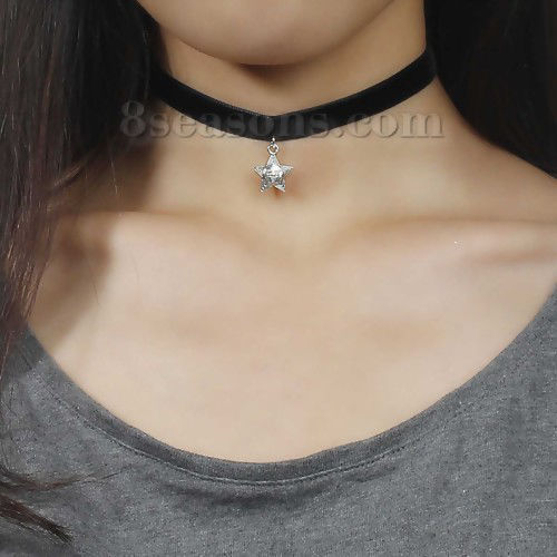Picture of New Fashion Black Velveteen Handmade Choker Necklace Antique Silver Color Smile Star Pendant 34.5cm(13 5/8") long, 1 Piece