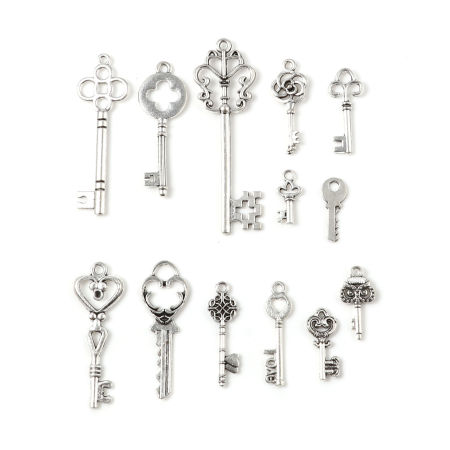 Image de Pendentifs en Alliage de Zinc Clé Argent Vieilli Mixte 57mm x 18mm - 16mm x 7mm, 1 Kit ( 13 Pcs/Kit)