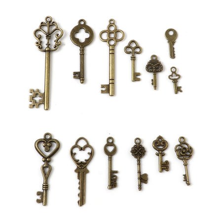 Image de Pendentifs en Alliage de Zinc Clé Bronze Antique Mixte 57mm x 18mm - 16mm x 7mm, 1 Kit ( 13 Pcs/Kit)