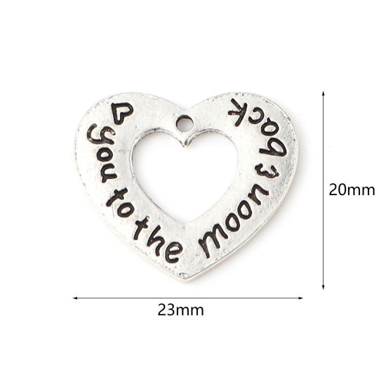 Picture of Zinc Based Alloy Charms Heart Antique Silver Color Message " Love You To The Moon And Back " 23mm x 20mm, 10 PCs