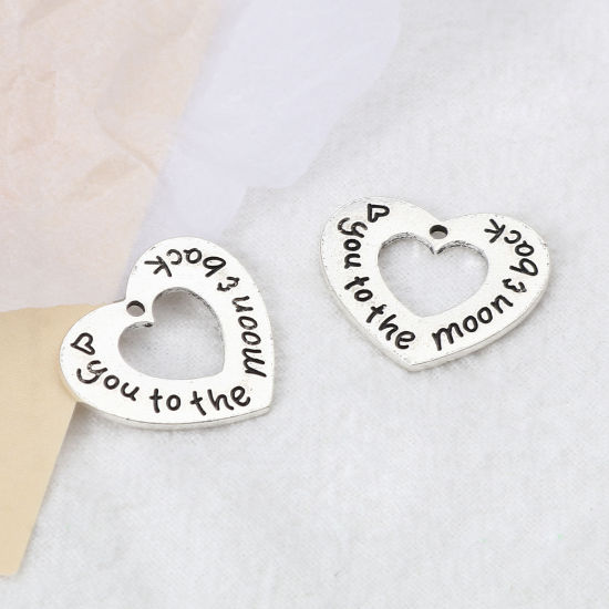 Picture of Zinc Based Alloy Charms Heart Antique Silver Color Message " Love You To The Moon And Back " 23mm x 20mm, 10 PCs
