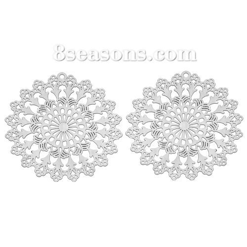 Picture of 304 Stainless Steel Filigree Stamping Pendants Round Silver Tone Flower Carved Hollow 45mm(1 6/8") x 44mm(1 6/8"), 10 PCs
