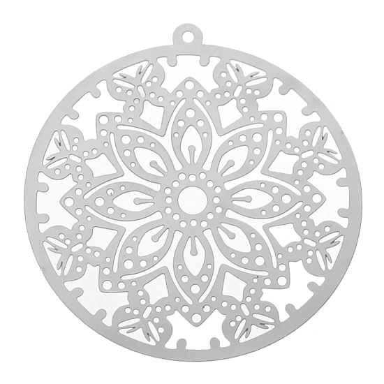 Picture of 304 Stainless Steel Filigree Stamping Pendants Round Silver Tone Butterfly Carved Hollow 51mm(2") x 48mm(1 7/8"), 10 PCs