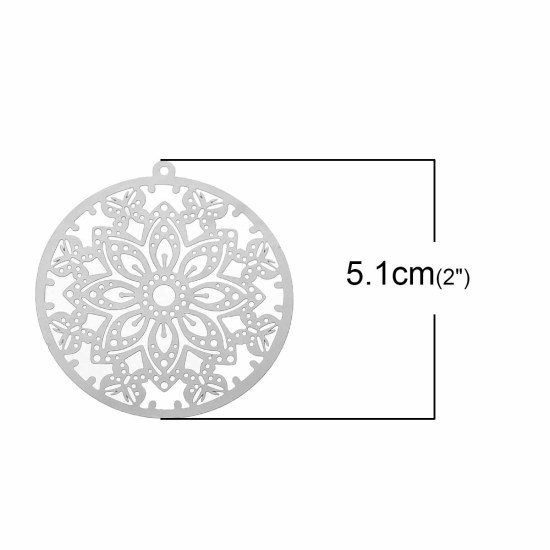 Picture of 304 Stainless Steel Filigree Stamping Pendants Round Silver Tone Butterfly Carved Hollow 51mm(2") x 48mm(1 7/8"), 10 PCs