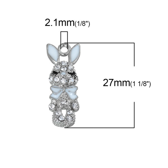 Picture of Zinc Based Alloy Easter Charms Rabbit Animal Silver Tone White Enamel Clear Rhinestone 27mm(1 1/8") x 10mm( 3/8"), 5 PCs