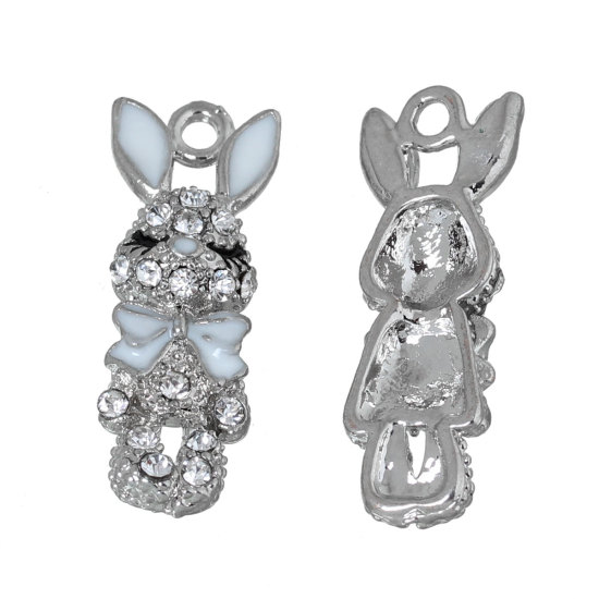 Picture of Zinc Based Alloy Easter Charms Rabbit Animal Silver Tone White Enamel Clear Rhinestone 27mm(1 1/8") x 10mm( 3/8"), 5 PCs