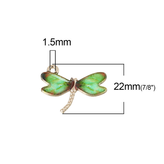 Picture of Zinc Metal Alloy Charms Dragonfly Animal Light Golden Green Enamel 22mm( 7/8") x 17mm( 5/8"), 10 PCs