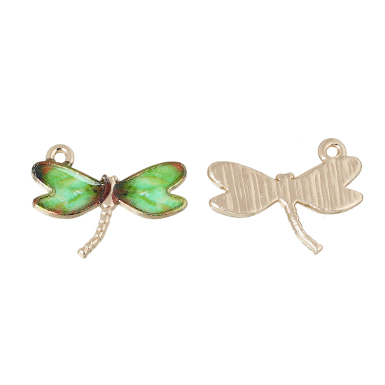 Picture of Zinc Metal Alloy Charms Dragonfly Animal Light Golden Green Enamel 22mm( 7/8") x 17mm( 5/8"), 10 PCs