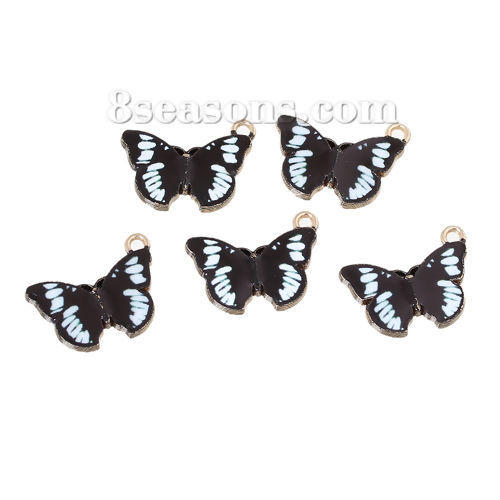 Picture of Zinc Metal Alloy Charms Butterfly Animal Light Golden Black & White Enamel 20mm( 6/8") x 15mm( 5/8"), 10 PCs