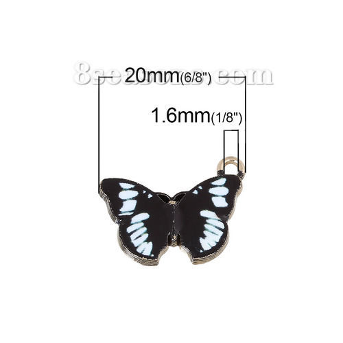 Image de Pendentifs en Alliage de Zinc Papillon Or Clair Noir et Blanc Email 20mm x 15mm, 10 Pcs