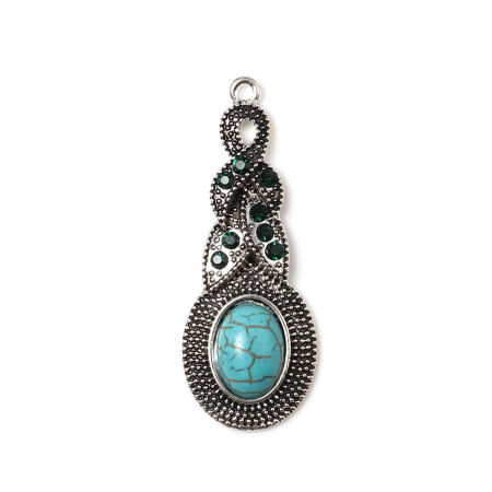 Image de Pendentifs en Alliage de Zinc & Turquoise Irrégulier Argent Vieilli Bleu-Vert à Strass Vert Foncé 51mm x 20mm, 5 Pcs