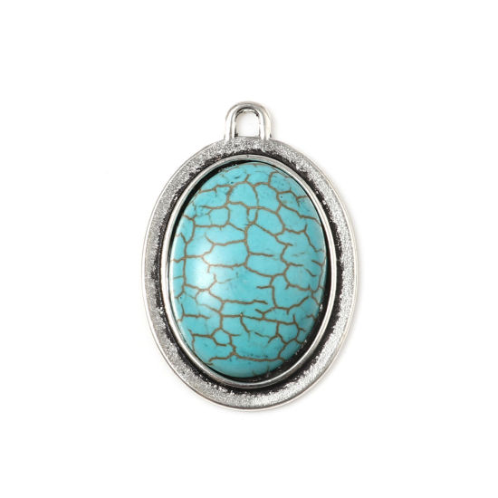 Picture of Zinc Based Alloy & Turquoise Pendants Oval Antique Silver Color 36mm x 25mm, 5 PCs