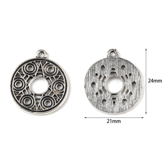 Immagine di Lega di Zinco Charms Tondo Argento Antico Geometria 24mm x 21mm , 20 Pz