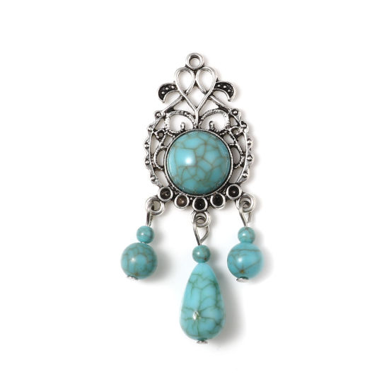 Imagen de Aleación de Zinc del metal + Resina Bohemia Colgantes Gota Plata Antigua (Apta ss9 Puntiagudo Fondo Rhinestone) 65mm x 24mm, 5 Unidades