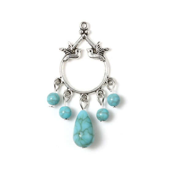 Imagen de Aleación de Zinc del metal + Resina Bohemia Colgantes Gota Plata Antigua Verde Azul Pájaro Imitación de turquesa 58mm x 27mm, 5 Unidades