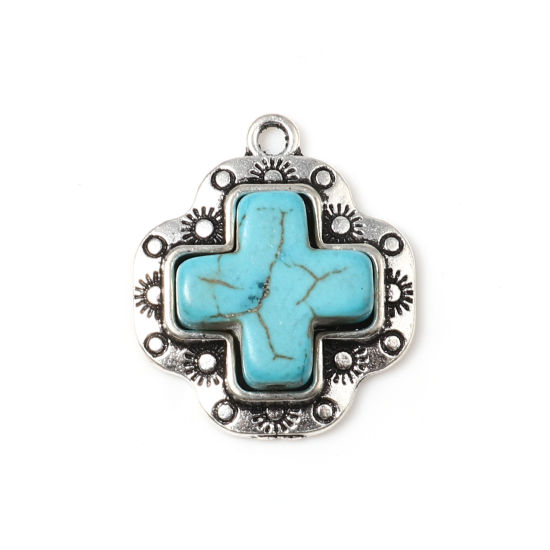 Picture of Zinc Based Alloy & Turquoise Boho Chic Bohemia Charms Cross Antique Silver Color Green Blue 25mm x 22mm, 5 PCs