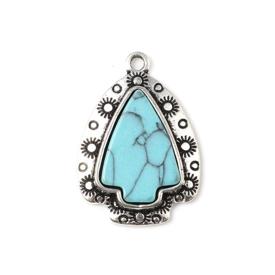 Picture of Zinc Based Alloy & Turquoise Boho Chic Bohemia Pendants Arrowhead Antique Silver Color Green Blue 30mm x 21mm, 5 PCs