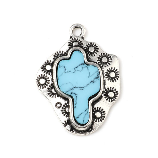 Picture of Zinc Based Alloy & Resin Boho Chic Bohemia Charms Irregular Antique Silver Color Green Blue Cactus Imitation Turquoise 28mm x 21mm, 5 PCs