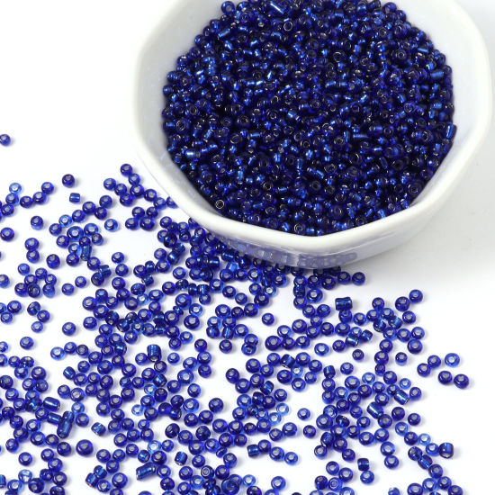 Picture of Glass Seed Beads Cylinder Royal Blue Silver Lined 3mm x 2mm, Hole: Approx 1mm, 1 Packet ( 18000 PCs/Packet)