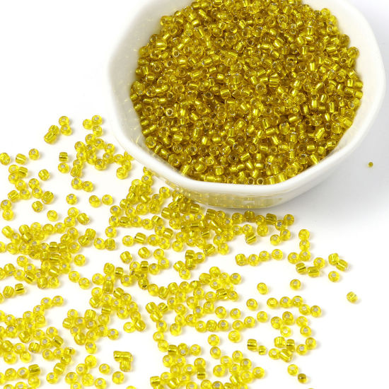 Picture of Glass Seed Beads Cylinder Yellow Silver Lined 3mm x 2mm, Hole: Approx 1mm, 1 Packet ( 18000 PCs/Packet)