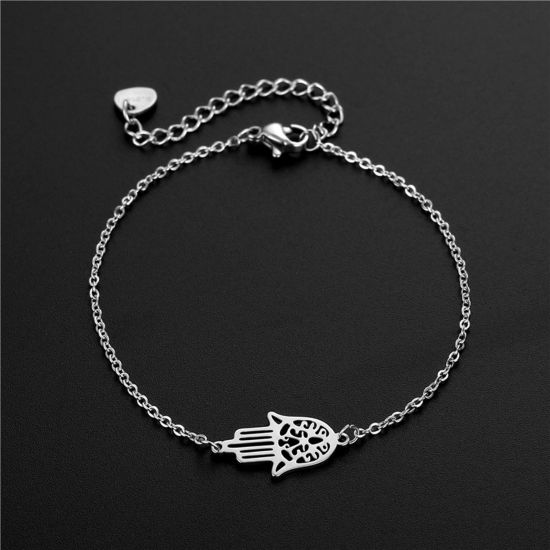 Picture of Titanium Steel Religious Link Cable Chain Bracelets Silver Tone Hamsa Symbol Hand 16cm(6 2/8") long, 1 Piece