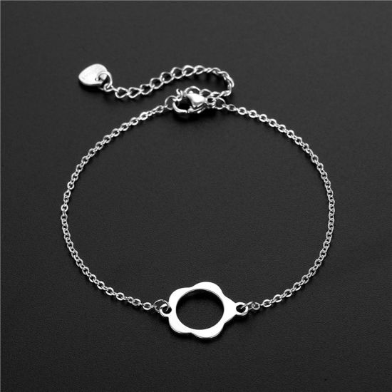 Picture of Titanium Steel Link Cable Chain Bracelets Silver Tone Flower 16cm(6 2/8") long, 1 Piece