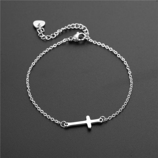 Picture of Titanium Steel Religious Link Cable Chain Bracelets Silver Tone Cross 16cm(6 2/8") long, 1 Piece