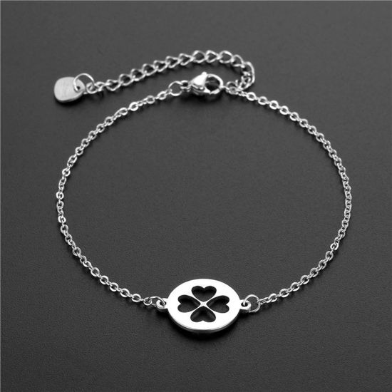 Picture of Titanium Steel Link Cable Chain Bracelets Silver Tone Round Flower 16cm(6 2/8") long, 1 Piece