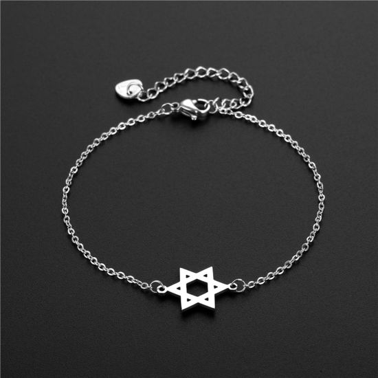 Picture of Titanium Steel Religious Link Cable Chain Bracelets Silver Tone Star Of David Hexagram 16cm(6 2/8") long, 1 Piece