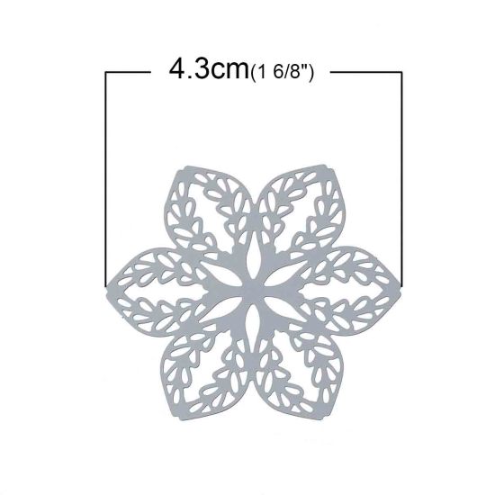 Picture of 304 Stainless Steel Filigree Stamping Embellishments Findings, Flower Silver Tone, Hollow Carved 43mm(1 6/8") x 38mm(1 4/8"), 10 PCs
