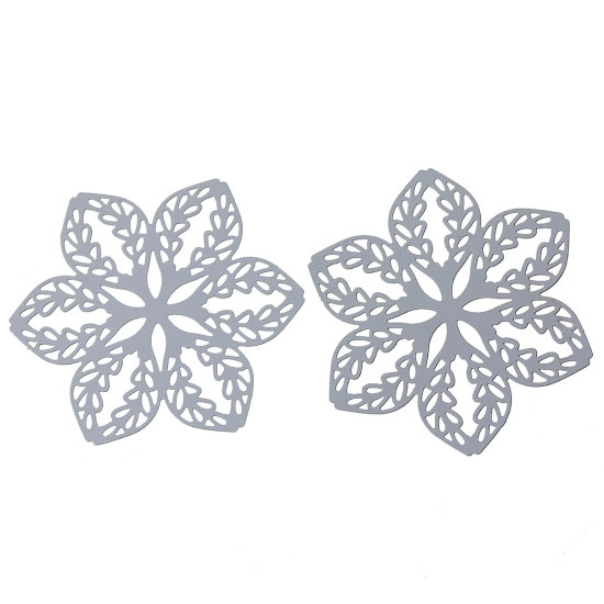 Picture of 304 Stainless Steel Filigree Stamping Embellishments Findings, Flower Silver Tone, Hollow Carved 43mm(1 6/8") x 38mm(1 4/8"), 10 PCs
