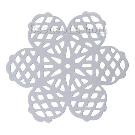 304 Stainless Steel Filigree Stamping Embellishments Findings, Flower Silver Tone, Hollow Carved 42mm(1 5/8") x 38mm(1 4/8"), 10 PCs