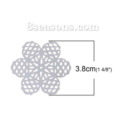 Picture of 304 Stainless Steel Filigree Stamping Embellishments Findings, Flower Silver Tone, Hollow Carved 42mm(1 5/8") x 38mm(1 4/8"), 10 PCs