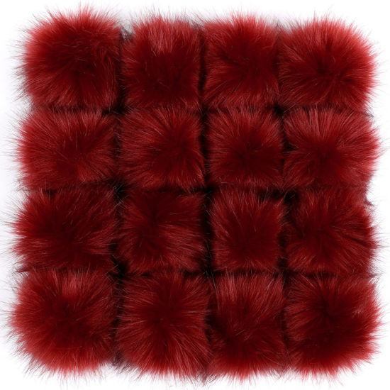 Picture of Artificial Fiber Gummiband Gummiband Pom Pom Balls With Rubber Band Wine Red Ball Faux Fox Fur 8cm Dia., 6 PCs
